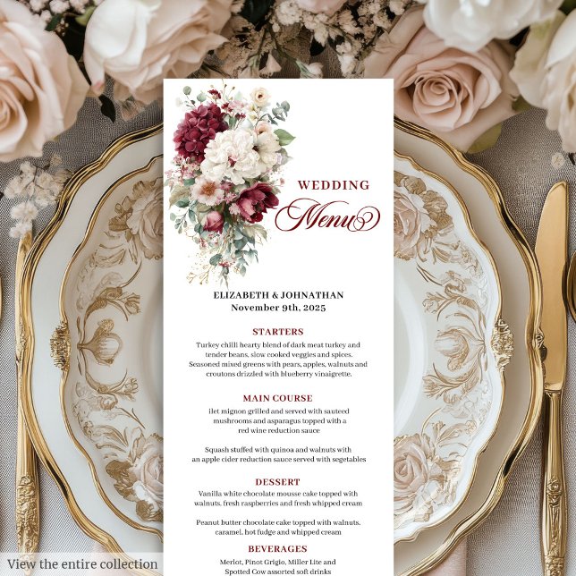 Menu Romantique Boho Bourgogne Rose blanche Mariag (Romantic Boho Burgundy White Rose Wedding Menu)