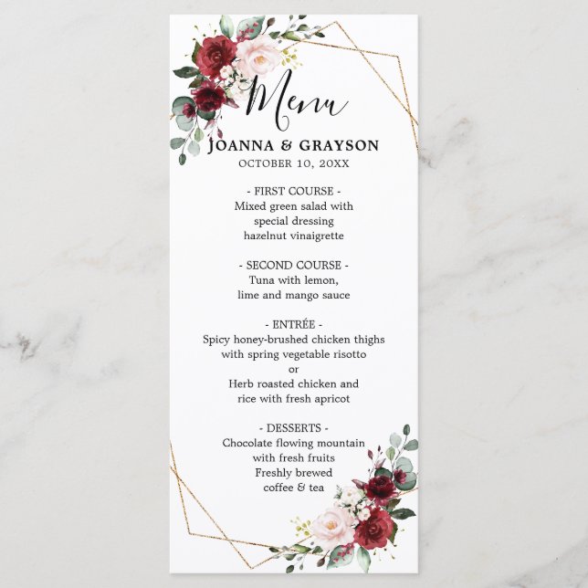 Menu Romantique Bourgogne Rouge Blush Rose Floral Géomé (Devant)
