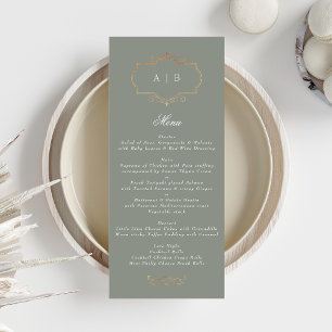 Menu romantique sauge vert classique or monogramme mari