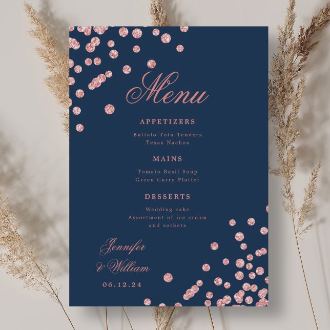 Menu Romantique Script Mariage Confetti Rose Gold Navy (Romantic Script Wedding Confetti Rose Gold Navy Menu)