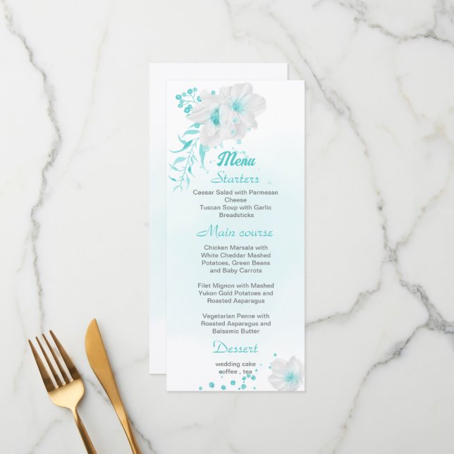 Menu romantique turquoise blanc mariage à fleurs (Devant/Arrière en situation)