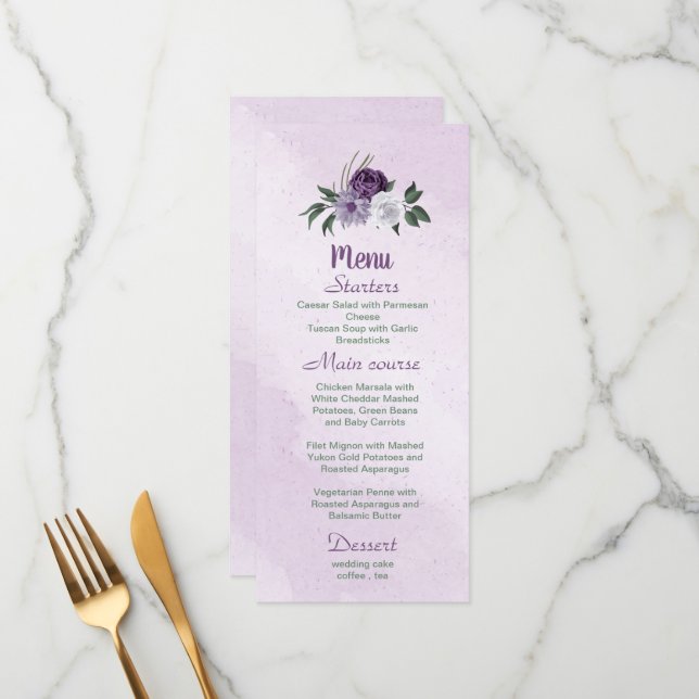 Menu romantique violet fleurs blanches vert feuille (Devant/Arrière en situation)