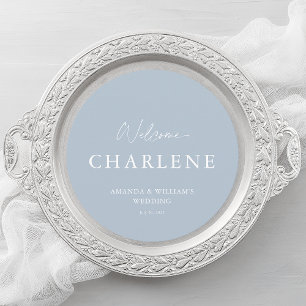 Menu Rond avec nom d'invité Mariage bleu Dusty