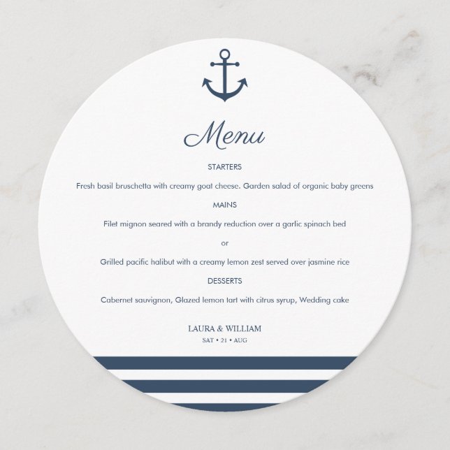 Menu rond circulaire Ancre et rayures nautiques (Devant)