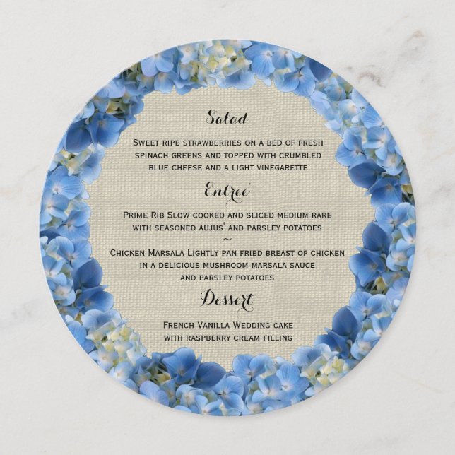 Menu Rond de Serviette Hydrangea Bleu et Toile de  (Devant)