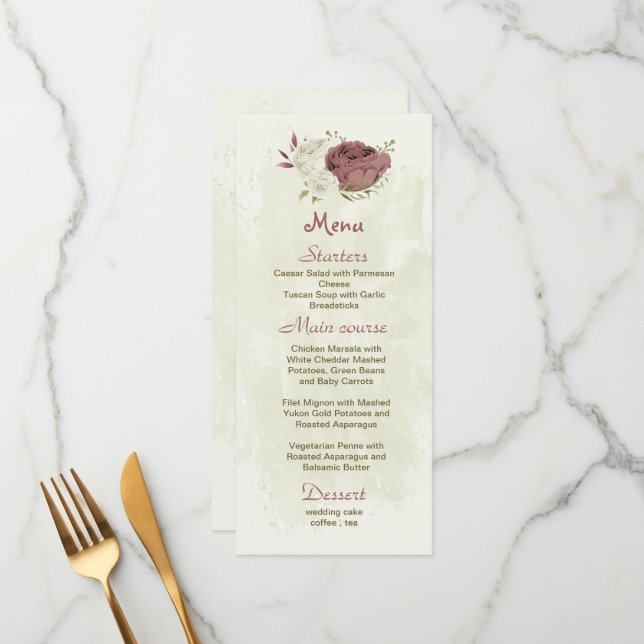 Menu rose blanc poussiéreux fleurs mariage botanique (Devant/Arrière en situation)
