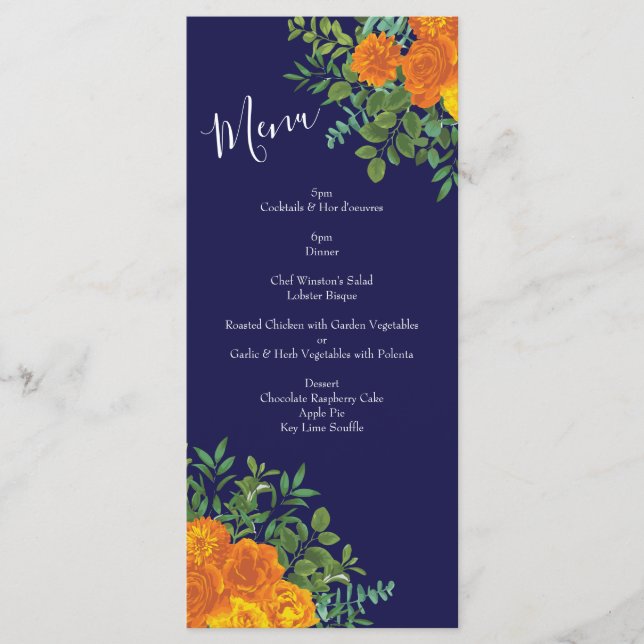 Menu Rose bleu et orange Floral Mariage moderne (Devant)