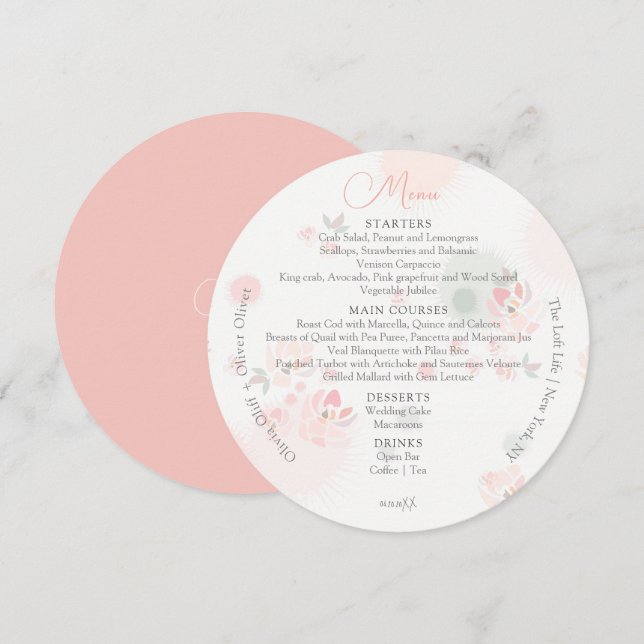 Menu Rose de thé de douceur Cercle Mariage (Devant / Derrière)