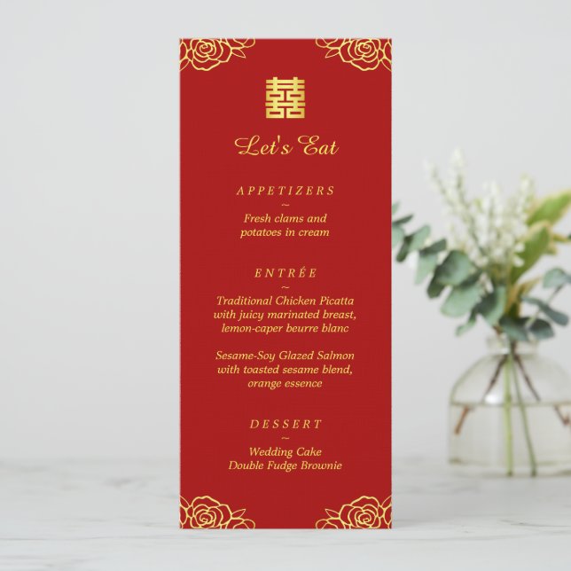 Menu Rose floral or rouge réception de mariage chinois (Debout devant)