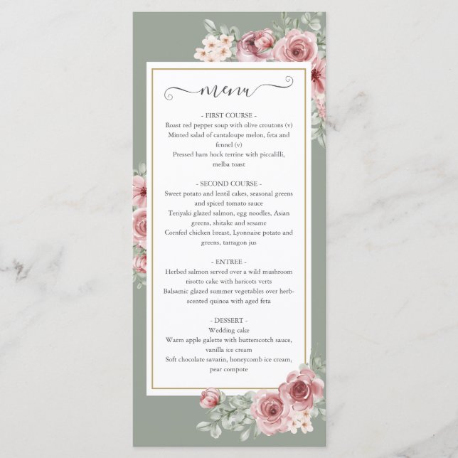 Menu Rose Floral Sage Green Dîner Mariage (Devant)