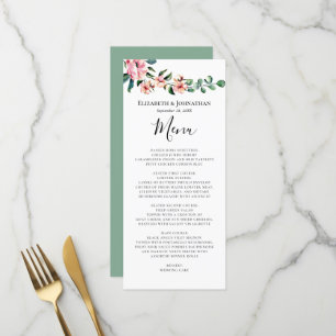 Menu Rose Floral Vert Aquarelle Mariage de couronne