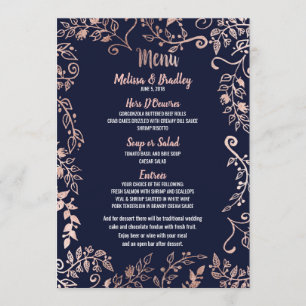 Menu Rose Gold Floral Navy Blue Brush Script