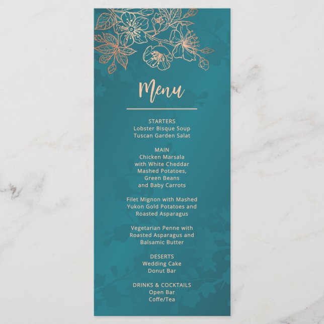 Menu Rose Gold Teal Floral Line Art Wedding (Devant)