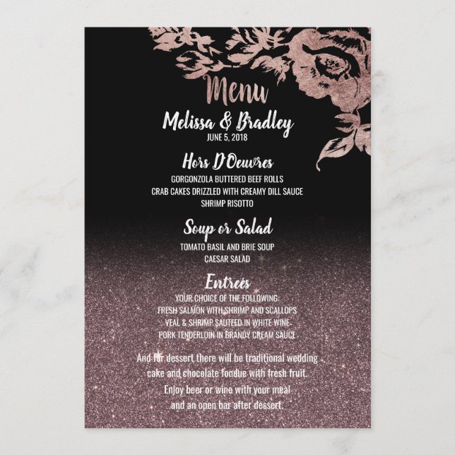Menu Rose noir Parties scintillant or Floral Mariage Me (Devant)