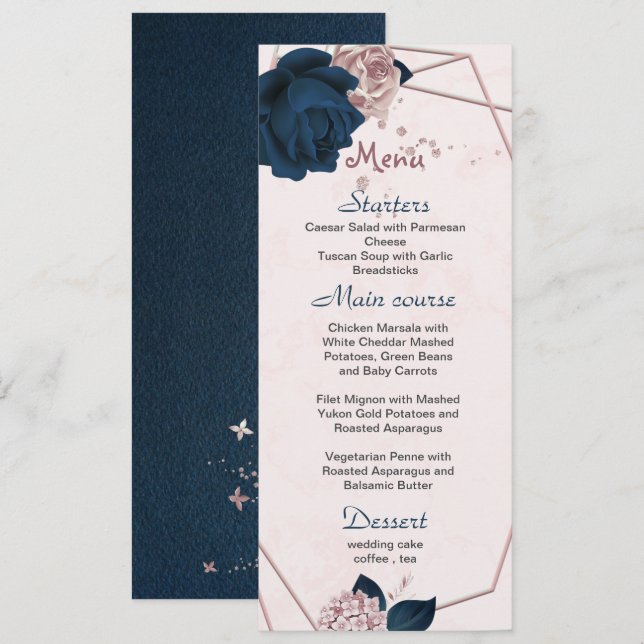 Menu rose poussiéreux et fleurs de marine mariage géomé (Devant / Derrière)