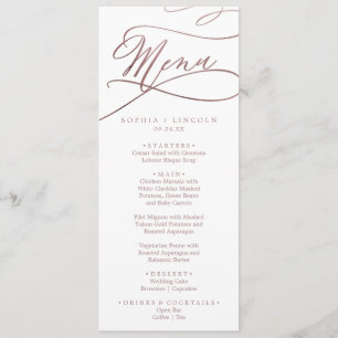Menu Rose romantique Gold Calligraphie Mariage Dîner Me