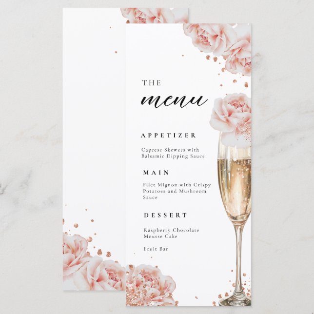 Menu Rose rose pâle Fête des mariées élégante (Devant / Derrière)