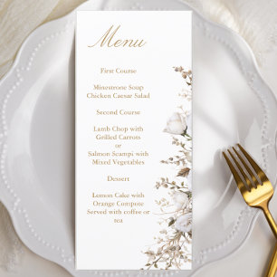 Menu Roses blanc et or Élégant Mariage botanique