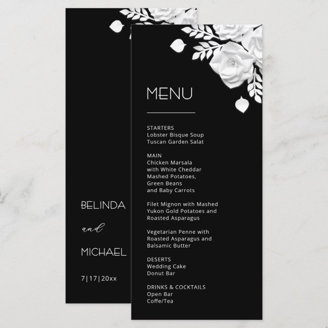 Menu Roses Blanches Découpe Papier 3D (Devant / Derrière)
