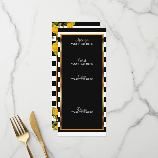 Menu Roses jaunes sur bandes noires et blanches (Devant/Arrière en situation)