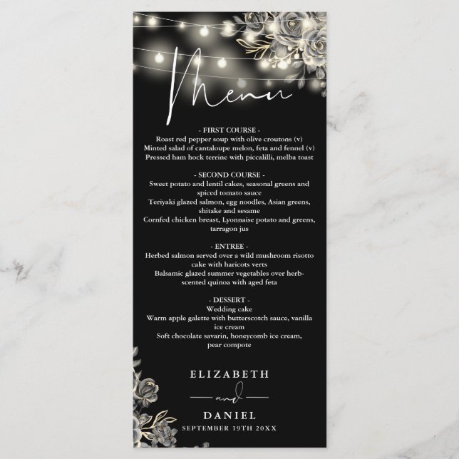 Menu Roses Noires Et Blanches Lumineuses Mariage Gothiq (Devant)