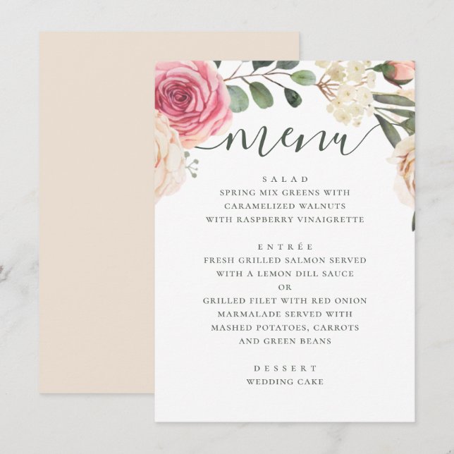 Menu Roses rose aquarelle. Élégant mariage floral (Devant / Derrière)