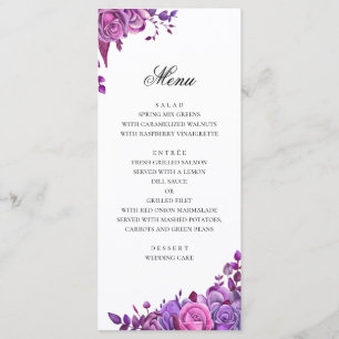 Menu Roses roses et violettes. Mariage floral aquarelle