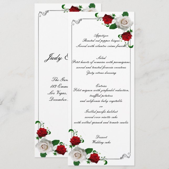 Menu Roses rouges et blanches Mariage de Noël (Devant / Derrière)