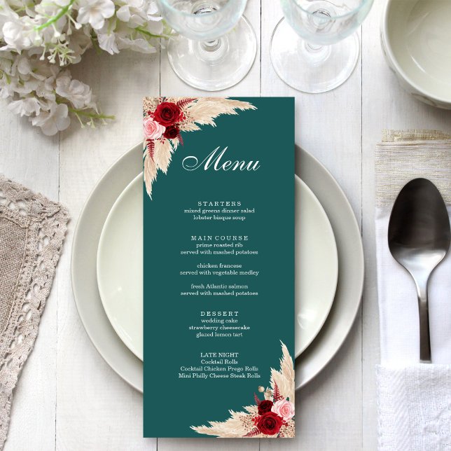Menu Roses turquoises de Bourgogne et Grass Pampas (Teal Burgundy Roses and Pampas Grass Menu on a white wedding dinner table.)
