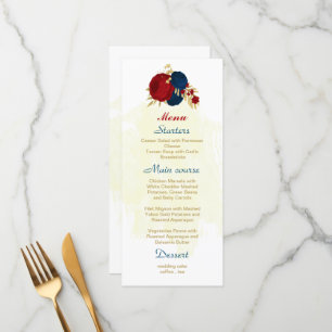 Menu rouge & bleu marine fleurs or feuille mariage