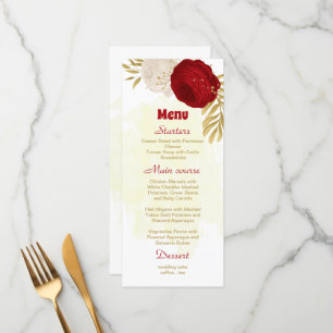 Menu rouge foncé & fleurs blanches or botanique mariage