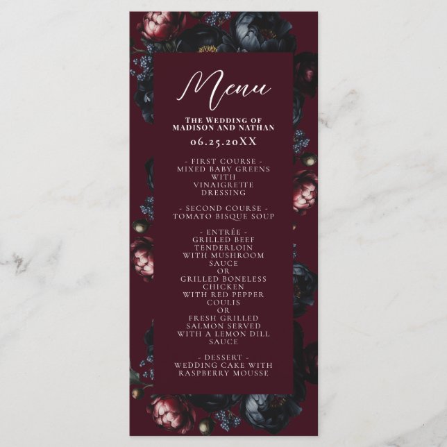 Menu Rouge foncé Moody Romantique noir pivoine Mariage  (Devant)