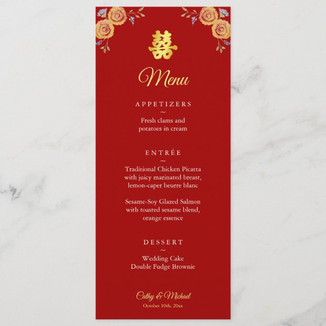 Menu Rouge orange floral chinois mariage double bonheur (Devant)