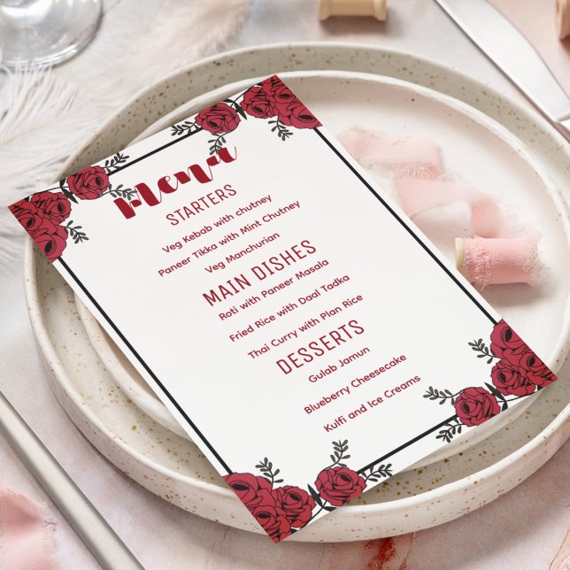 Menu Rouge Rose Floral thème Mariage (perfect red floral theme menu card for your wedding)