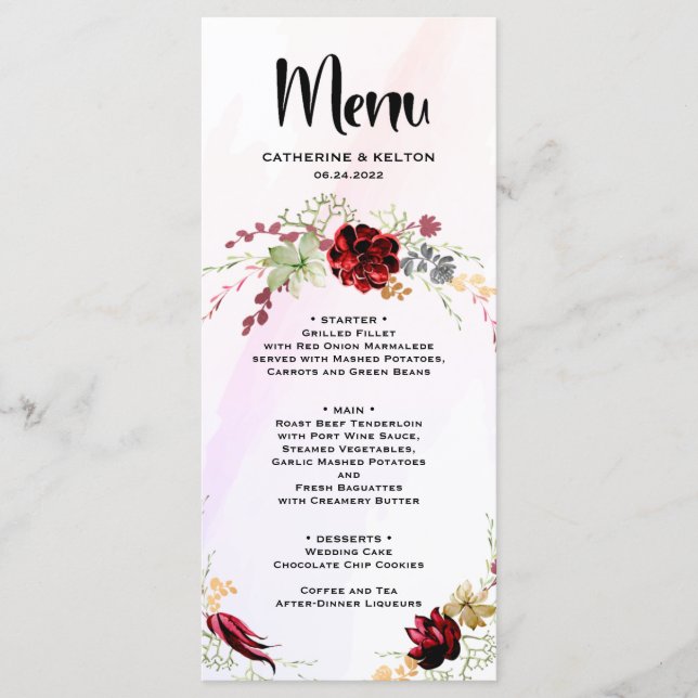 Menu Rouge rustique élégant Floral (Devant)