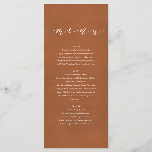 Menu Rouille + blanc élégant aquarelle peinte mariage (Devant)