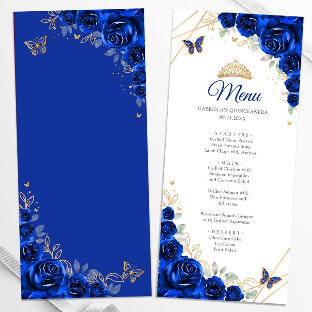 Menu Royal Blue Gold Floral Quinceanera (Créateur téléchargé)