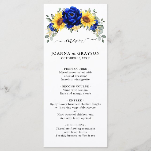 Menu Royal Blue Rustic Tournesol Moderne Floral Mariage (Devant)