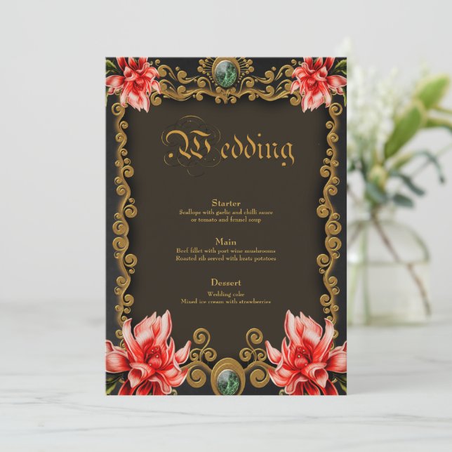 Menu Royal or et rouge design floral (Debout devant)