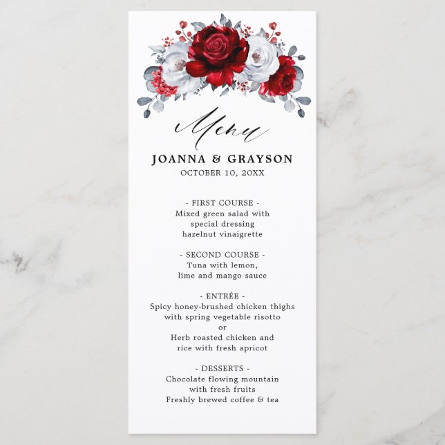 Menu Royal Rouge Blanc argent métal Mariage floral (Devant)