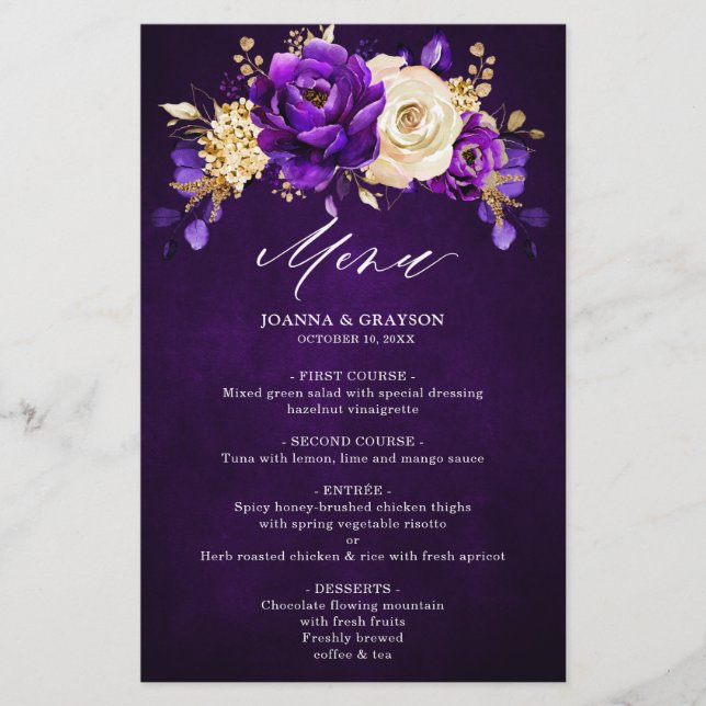 Menu Royal violet violet or Mariage botanique (Devant)