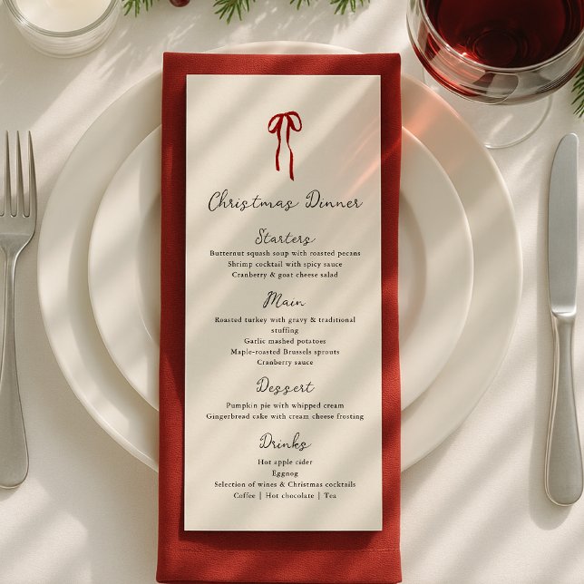 Menu Ruban rouge, dessin à la main Dîner de Noël  (Créateur téléchargé)