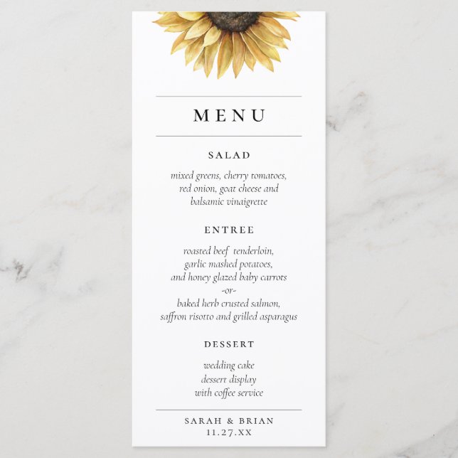 Menu Russe aquarelle tournesol moderne Mariage (Devant)