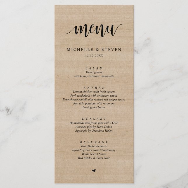Menu Russe Brown Bois Mariage Elopement Dîner (Devant)