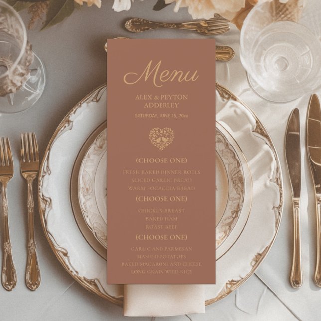 Menu Rust Orange Brûlé Réception de Mariage Oiseaux Amo (Terracotta/burnt orange wedding reception menu)