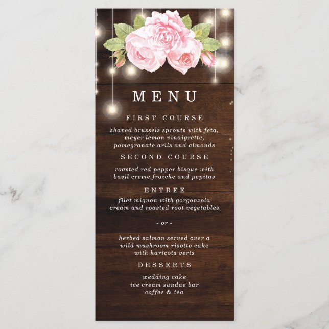 Menu Rustic Bois Chaîne Lumière Mariage Rose (Devant)