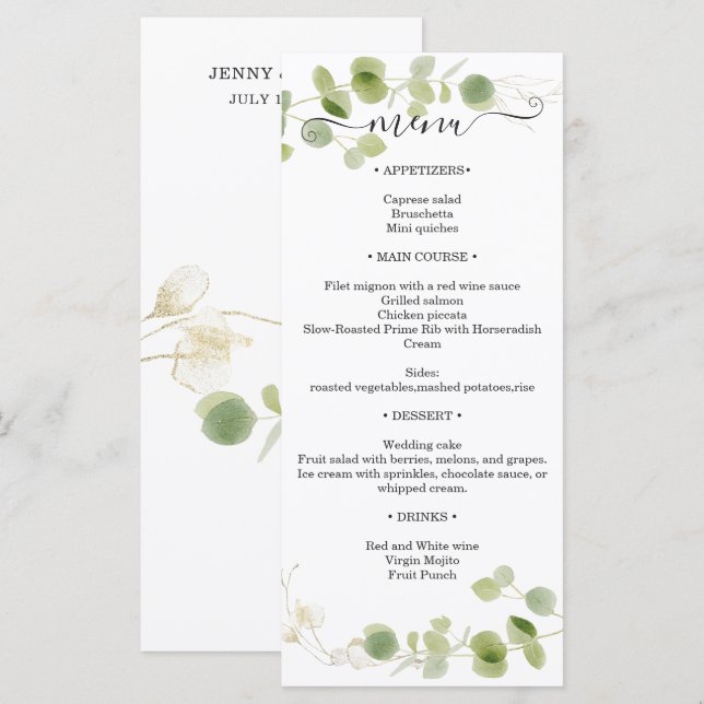 Menu Rustic Eucalyptus Greenery Gold Wedding Reception (Devant / Derrière)