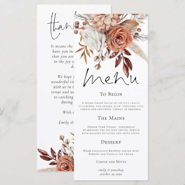 Menu Rustic Florals Fall Wedding Thank You (Devant / Derrière)