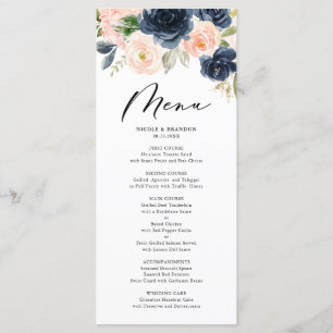Menu Rustic Watercolor Blush et Navy Floral Mariage