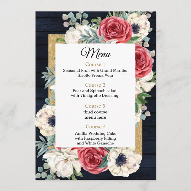 Menu Rustic Wood Navy Burgundy Gold Floral Mariage (Devant)